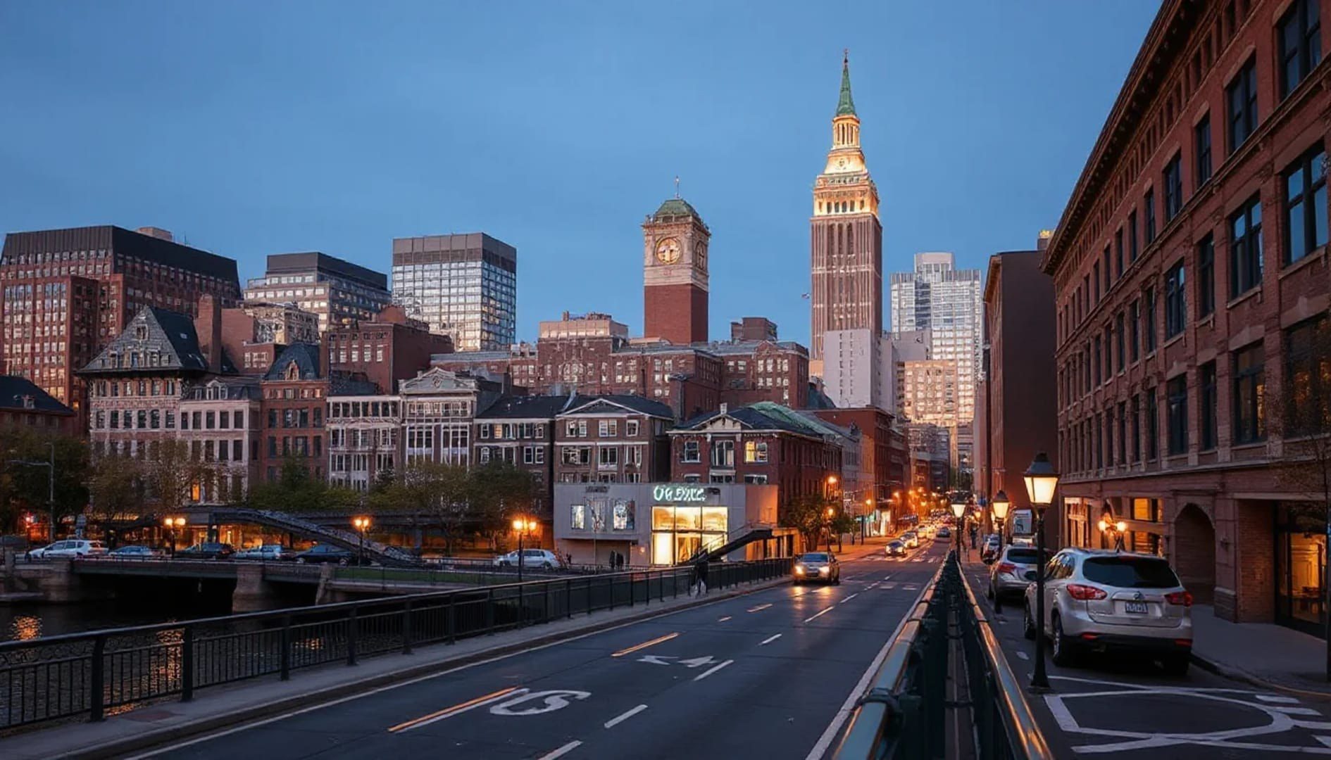 Boston skyline at dusk with the Custom House Tower, near the Rose Kennedy Greenway