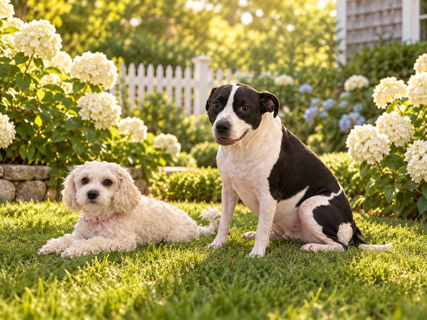Bruce and Gigi together in a sunny garden with white hydrangeas