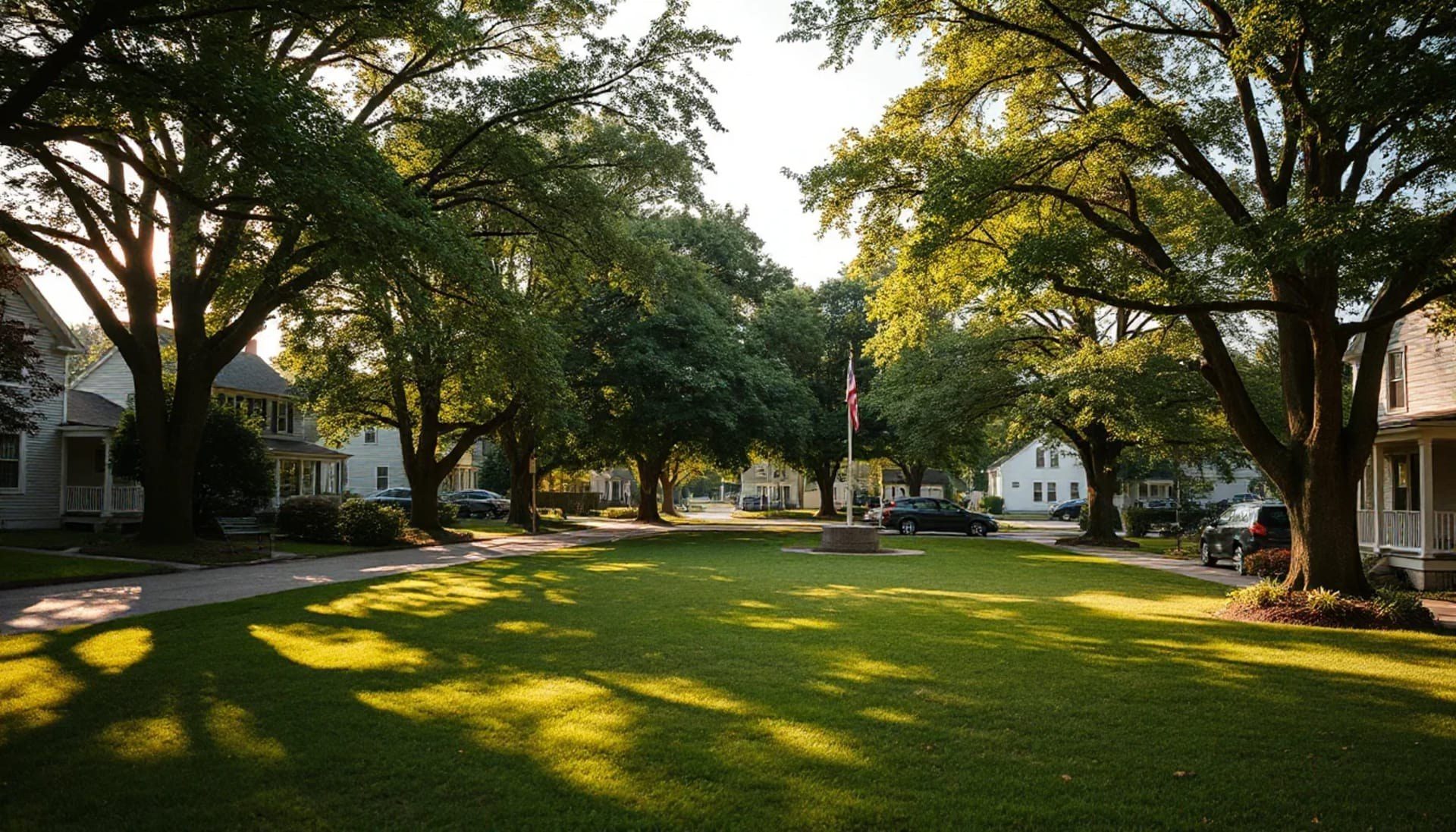 Tree-lined town green in Weymouth, Massachusetts